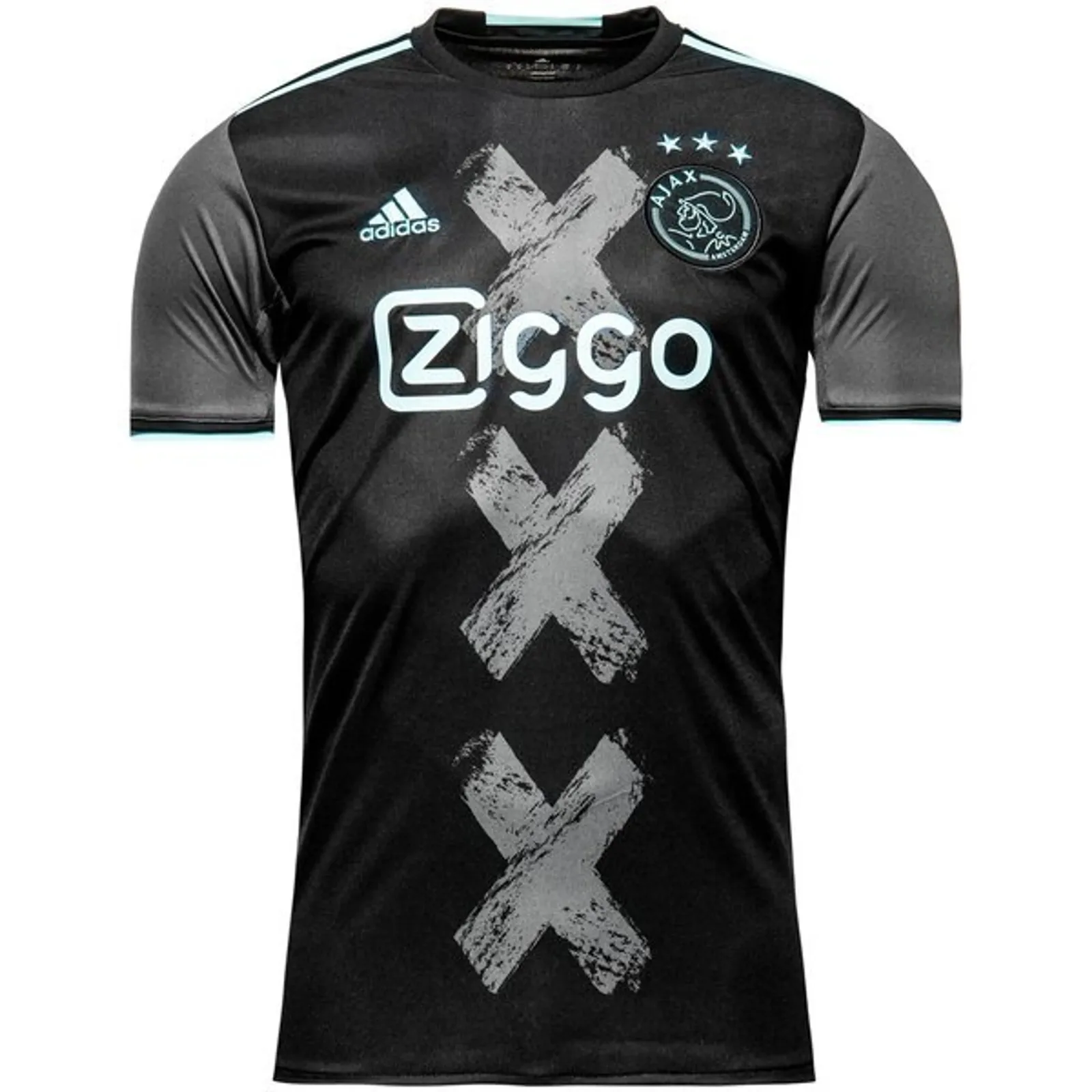 Ajax uitshirt 2016/17 in zwart met lichtblauwe accenten en Sint-Andrieskruisen